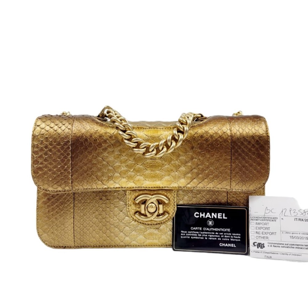 Chanel Two Tone Gold Python Double Flap Bag
